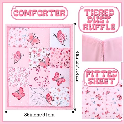 Butterfly Crib Bedding Set, Pink Floral Patchwork Quilt, Fitted Sheet, Crib Skirt, 45x36in, 52x28in, 27x51in 7 Product: Tudomro 3 Pieces Butterfly Nursery Crib Bedding Set for Girls, Standard Size Bedding Sets with Comforter Fitted Sheet Crib Skirt(Pink)