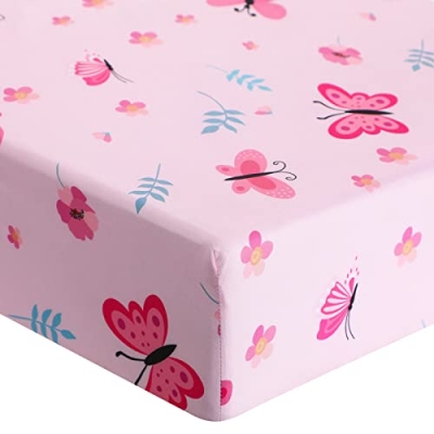 Butterfly Crib Bedding Set, Pink Floral Patchwork Quilt, Fitted Sheet, Crib Skirt, 45x36in, 52x28in, 27x51in 8 Product: Tudomro 3 Pieces Butterfly Nursery Crib Bedding Set for Girls, Standard Size Bedding Sets with Comforter Fitted Sheet Crib Skirt(Pink)
