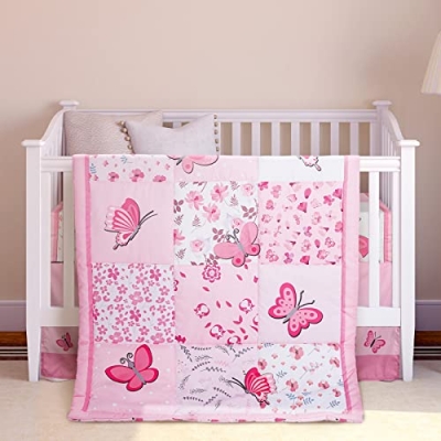 Product: Tudomro 3 Pieces Butterfly Nursery Crib Bedding Set for Girls, Standard Size Bedding Sets with Comforter Fitted Sheet Crib Skirt(Pink)