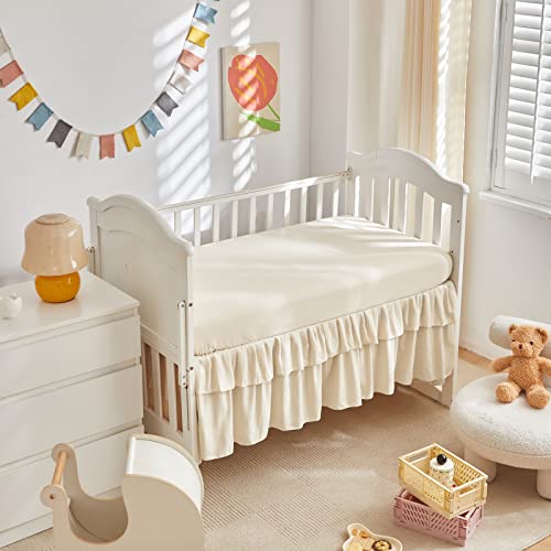 Boho Cream Ruffle Crib Bedding Set, Tufted Quilt Fitted Sheet Skirt, Neutral Nursery, 3 Piece 60cm 5 Product: Tufted Ruffle Crib Bedding Set 3 Pieces Baby Boho Quilted Comforter with Fitted Sheet and Bed Skirt - Cute Ruffled Shabby Chic Baby Bedding Soft Blanket Design Cream White