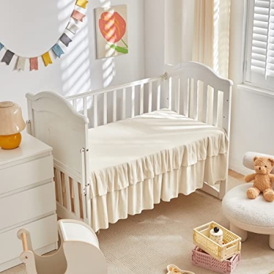 Boho Cream Ruffle Crib Bedding Set, Tufted Quilt Fitted Sheet Skirt, Neutral Nursery, 3 Piece 60cm 13 Product: Tufted Ruffle Crib Bedding Set 3 Pieces Baby Boho Quilted Comforter with Fitted Sheet and Bed Skirt - Cute Ruffled Shabby Chic Baby Bedding Soft Blanket Design Cream White
