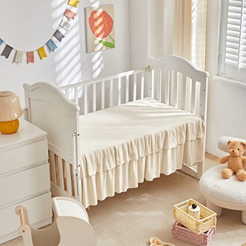Boho Cream Ruffle Crib Bedding Set, Tufted Quilt Fitted Sheet Skirt, Neutral Nursery, 3 Piece 60cm 4 Product: Tufted Ruffle Crib Bedding Set 3 Pieces Baby Boho Quilted Comforter with Fitted Sheet and Bed Skirt - Cute Ruffled Shabby Chic Baby Bedding Soft Blanket Design Cream White