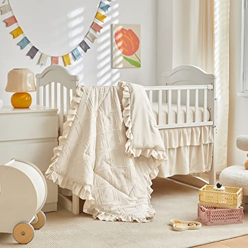 Boho Cream Ruffle Crib Bedding Set, Tufted Quilt Fitted Sheet Skirt, Neutral Nursery, 3 Piece 60cm 2 Product: Tufted Ruffle Crib Bedding Set 3 Pieces Baby Boho Quilted Comforter with Fitted Sheet and Bed Skirt - Cute Ruffled Shabby Chic Baby Bedding Soft Blanket Design Cream White