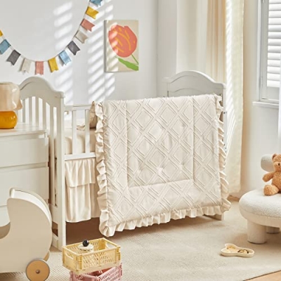 Product: Tufted Ruffle Crib Bedding Set 3 Pieces Baby Boho Quilted Comforter with Fitted Sheet and Bed Skirt - Cute Ruffled Shabby Chic Baby Bedding Soft Blanket Design Cream White