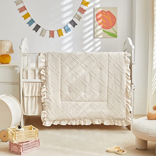 Boho Cream Ruffle Crib Bedding Set, Tufted Quilt Fitted Sheet Skirt, Neutral Nursery, 3 Piece 60cm 1 Product: Tufted Ruffle Crib Bedding Set 3 Pieces Baby Boho Quilted Comforter with Fitted Sheet and Bed Skirt - Cute Ruffled Shabby Chic Baby Bedding Soft Blanket Design Cream White