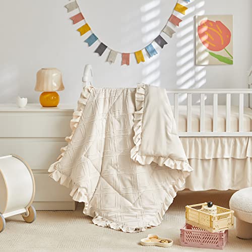 Boho Cream Ruffle Crib Bedding Set, Tufted Quilt Fitted Sheet Skirt, Neutral Nursery, 3 Piece 60cm 8 Product: Tufted Ruffle Crib Bedding Set 3 Pieces Baby Boho Quilted Comforter with Fitted Sheet and Bed Skirt - Cute Ruffled Shabby Chic Baby Bedding Soft Blanket Design Cream White