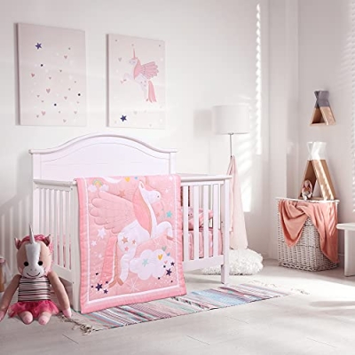 Unicorn Crib Bedding Set, 3 Piece Quilt Fitted Sheet Toddler Pillowcase, Pink Stars Rainbows, 52x28 13x18 33x42 11 Product: UOMNY Crib Bedding Set for Girls - Pink Baby Nursery Sets 3 Pieces Quilt Comforter Fitted Sheet Toddler Pillowcase Soft Star