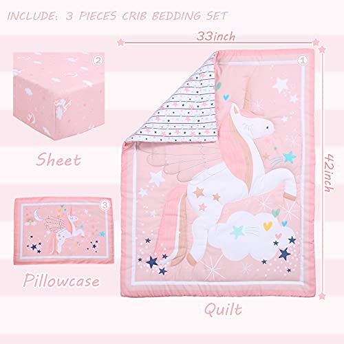 Unicorn Crib Bedding Set, 3 Piece Quilt Fitted Sheet Toddler Pillowcase, Pink Stars Rainbows, 52x28 13x18 33x42 1 Product: UOMNY Crib Bedding Set for Girls - Pink Baby Nursery Sets 3 Pieces Quilt Comforter Fitted Sheet Toddler Pillowcase Soft Star