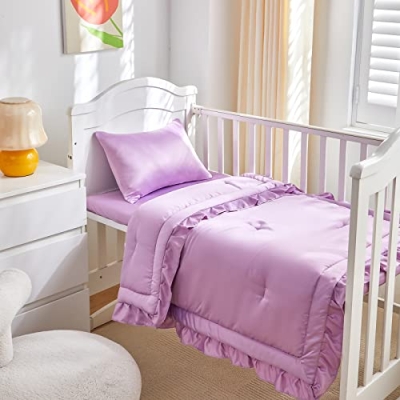 Product: UOZZI BEDDING 3 Pieces Crib Bedding Set Baby Ruffle Quilted Comforter with Fitted Sheet and Pillow - Cute Ruffled Shabby Chic Bedding Soft Blanket Design Purple