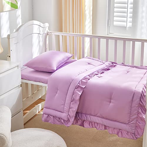 Product: UOZZI BEDDING 3 Pieces Crib Bedding Set Baby Ruffle Quilted Comforter with Fitted Sheet and Pillow - Cute Ruffled Shabby Chic Bedding Soft Blanket Design Purple