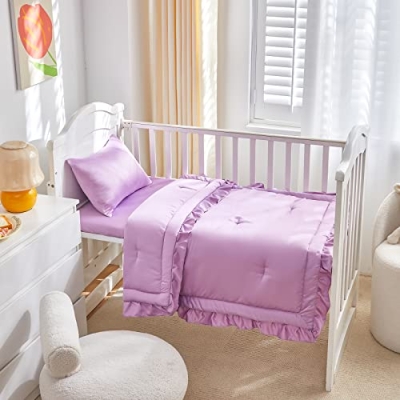 Product: UOZZI BEDDING 3 Pieces Crib Bedding Set Baby Ruffle Quilted Comforter with Fitted Sheet and Pillow - Cute Ruffled Shabby Chic Bedding Soft Blanket Design Purple