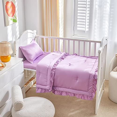 Product: UOZZI BEDDING 3 Pieces Crib Bedding Set Baby Ruffle Quilted Comforter with Fitted Sheet and Pillow - Cute Ruffled Shabby Chic Bedding Soft Blanket Design Purple