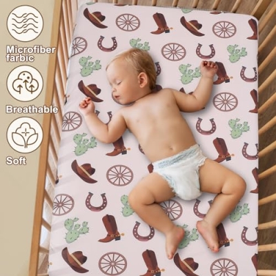 Western Cowboy Crib Sheet Set, 4 Piece Nursery Bedding, Standard Crib Toddler Mattress, 52 x 28 x 8 Inches 9 Product: VitalCozy 4 Pcs Western Cowboy Crib Sheet Set Newborn Bedding Nursery Baby Sheets for Girl Boys Baby Gifts for Standard Crib and Toddler Mattresses, 52 x 28 x 8 Inches