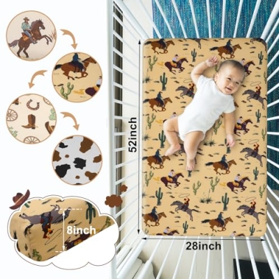 Western Cowboy Crib Sheet Set, 4 Piece Nursery Bedding, Standard Crib Toddler Mattress, 52 x 28 x 8 Inches 8 Product: VitalCozy 4 Pcs Western Cowboy Crib Sheet Set Newborn Bedding Nursery Baby Sheets for Girl Boys Baby Gifts for Standard Crib and Toddler Mattresses, 52 x 28 x 8 Inches