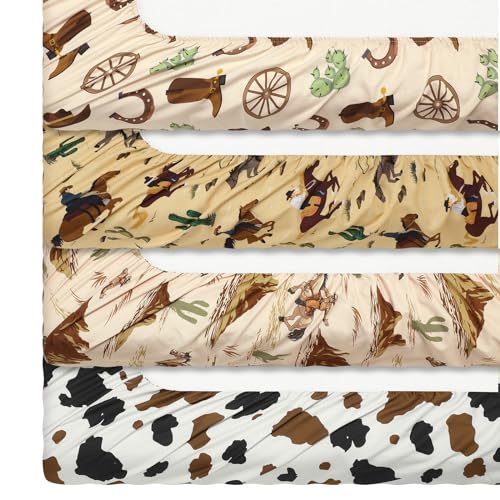 Western Cowboy Crib Sheet Set, 4 Piece Nursery Bedding, Standard Crib Toddler Mattress, 52 x 28 x 8 Inches 1 Product: VitalCozy 4 Pcs Western Cowboy Crib Sheet Set Newborn Bedding Nursery Baby Sheets for Girl Boys Baby Gifts for Standard Crib and Toddler Mattresses, 52 x 28 x 8 Inches
