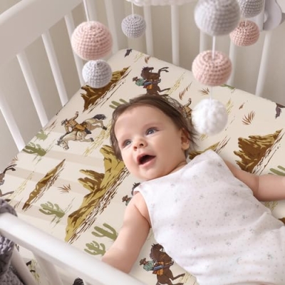 Western Cowboy Crib Sheet Set, 4 Piece Nursery Bedding, Standard Crib Toddler Mattress, 52 x 28 x 8 Inches 11 Product: VitalCozy 4 Pcs Western Cowboy Crib Sheet Set Newborn Bedding Nursery Baby Sheets for Girl Boys Baby Gifts for Standard Crib and Toddler Mattresses, 52 x 28 x 8 Inches
