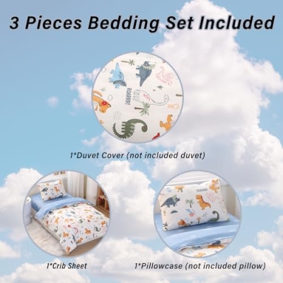 Dinosaur Printed Nursery Bedding Set, 100% Cotton Crib Set, Quilted Cover Fitted Sheet Pillowcase, 52in x 28in x 8in 9 Product: WaBaHa Dinosaur Printed Nursy Bedding Set, 3 Pcs Soft Breathable Cotton Crib Bedding Set Includes Quilted Cover, Fitted Sheet and Pillowcase, Animal Printed