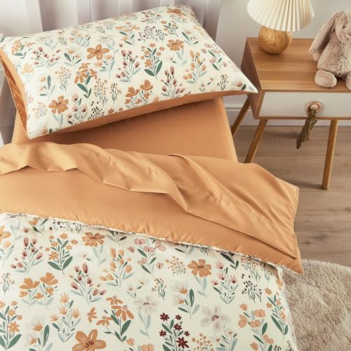 Floral Toddler Bedding Set, 4 Piece Garden Comforter Sheet Set, Blooming Botanical Colors, 28x52x8 in 2 Product: Wake In Cloud - Floral Toddler Bedding Set for Girls, Cute Colorful Botanical Flowers, 4 Pieces Soft Crib Bed Set Including Comforter, Sheets and Pillowcase, Orange Cream