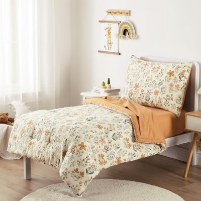 Floral Toddler Bedding Set, 4 Piece Garden Comforter Sheet Set, Blooming Botanical Colors, 28x52x8 in 8 Product: Wake In Cloud - Floral Toddler Bedding Set for Girls, Cute Colorful Botanical Flowers, 4 Pieces Soft Crib Bed Set Including Comforter, Sheets and Pillowcase, Orange Cream