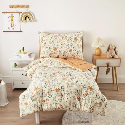 Product: Wake In Cloud - Floral Toddler Bedding Set for Girls, Cute Colorful Botanical Flowers, 4 Pieces Soft Crib Bed Set Including Comforter, Sheets and Pillowcase, Orange Cream
