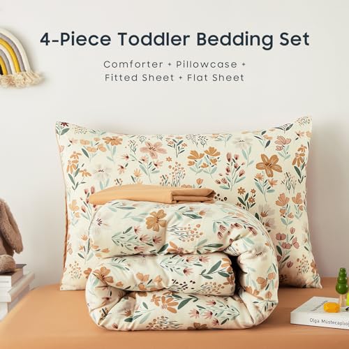 Floral Toddler Bedding Set, 4 Piece Garden Comforter Sheet Set, Blooming Botanical Colors, 28x52x8 in 6 Product: Wake In Cloud - Floral Toddler Bedding Set for Girls, Cute Colorful Botanical Flowers, 4 Pieces Soft Crib Bed Set Including Comforter, Sheets and Pillowcase, Orange Cream
