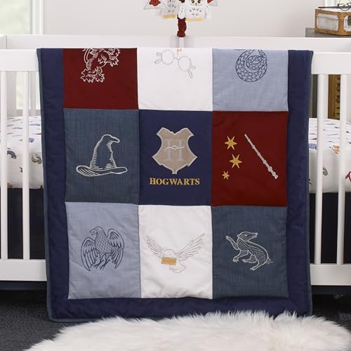 Harry Potter Crib Bedding Set, Warner Brothers Welcome Little Wizard, 3 Piece Navy Burgundy Denim Blue White 28x52in 6 Product: Warner Brothers Harry Potter Welcome Little Wizard Navy, Burgundy, Denim Blue and White, Appliqued 3 Piece Crib Bedding Set - Comforter, Fitted Crib Sheet, and Crib Skirt