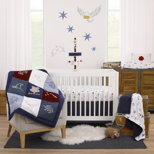 Harry Potter Crib Bedding Set, Warner Brothers Welcome Little Wizard, 3 Piece Navy Burgundy Denim Blue White 28x52in 7 Product: Warner Brothers Harry Potter Welcome Little Wizard Navy, Burgundy, Denim Blue and White, Appliqued 3 Piece Crib Bedding Set - Comforter, Fitted Crib Sheet, and Crib Skirt