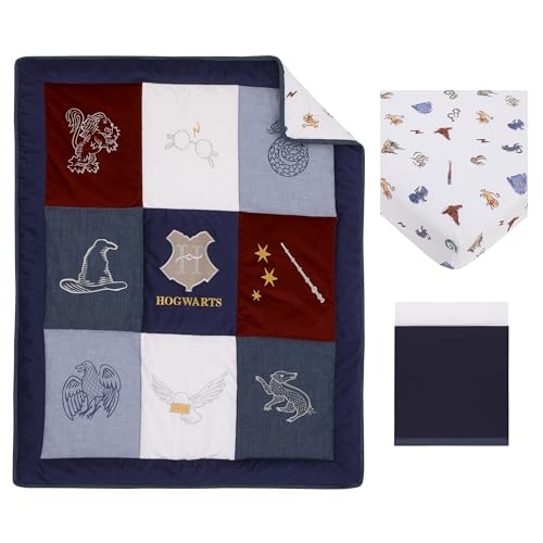 Harry Potter Crib Bedding Set, Warner Brothers Welcome Little Wizard, 3 Piece Navy Burgundy Denim Blue White 28x52in 4 Product: Warner Brothers Harry Potter Welcome Little Wizard Navy, Burgundy, Denim Blue and White, Appliqued 3 Piece Crib Bedding Set - Comforter, Fitted Crib Sheet, and Crib Skirt