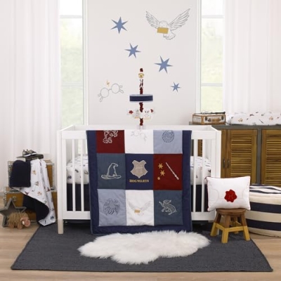 Product: Warner Brothers Harry Potter Welcome Little Wizard Navy, Burgundy, Denim Blue and White, Appliqued 3 Piece Crib Bedding Set - Comforter, Fitted Crib Sheet, and Crib Skirt