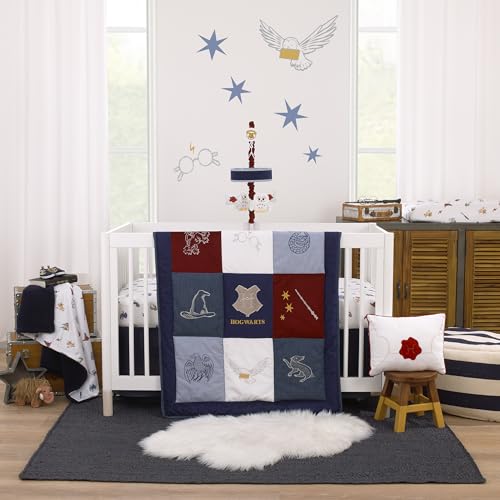 Warner Brothers Harry Potter Welcome Little Wizard Navy, Burgundy, Denim Blue and White, Appliqued 3 Piece Crib Bedding Set - Comforter, Fitted Crib Sheet, and Crib Skirt - Crib Bedding Sets Product: Warner Brothers Harry Potter Welcome Little Wizard Navy, Burgundy, Denim Blue and White, Appliqued 3 Piece Crib Bedding Set - Comforter, Fitted Crib Sheet, and Crib Skirt
