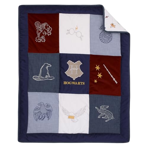 Harry Potter Crib Bedding Set, Warner Brothers Welcome Little Wizard, 3 Piece Navy Burgundy Denim Blue White 28x52in 1 Product: Warner Brothers Harry Potter Welcome Little Wizard Navy, Burgundy, Denim Blue and White, Appliqued 3 Piece Crib Bedding Set - Comforter, Fitted Crib Sheet, and Crib Skirt