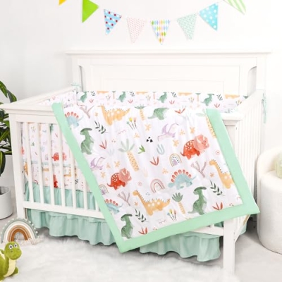 Dinosaur Crib Bedding Set for Boys Girls, 4 Piece Nursery Set, Reversible Comforter, 44x35in, 29x52x9in 13 Product: WINGHENLEE Crib Bedding Set for Boys Girls, Upgrade 4 Pieces Nursery Bedding Set for Newborn Infant, Includes Crib Liner Anti-Collision Padding, Comforter, Fitted Sheet, Bed Skirt, Dinosaur