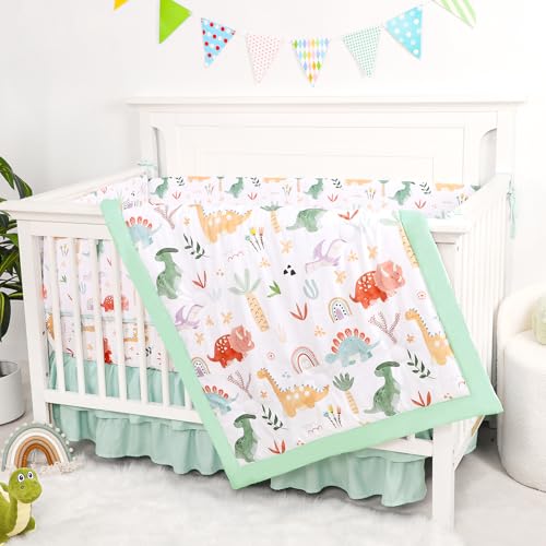 Dinosaur Crib Bedding Set for Boys Girls, 4 Piece Nursery Set, Reversible Comforter, 44x35in, 29x52x9in 6 Product: WINGHENLEE Crib Bedding Set for Boys Girls, Upgrade 4 Pieces Nursery Bedding Set for Newborn Infant, Includes Crib Liner Anti-Collision Padding, Comforter, Fitted Sheet, Bed Skirt, Dinosaur