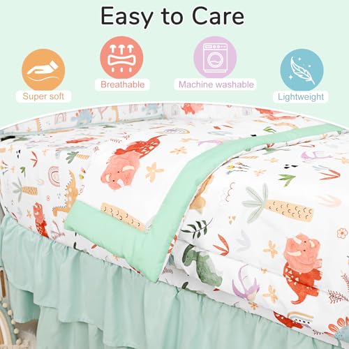 Dinosaur Crib Bedding Set for Boys Girls, 4 Piece Nursery Set, Reversible Comforter, 44x35in, 29x52x9in 3 Product: WINGHENLEE Crib Bedding Set for Boys Girls, Upgrade 4 Pieces Nursery Bedding Set for Newborn Infant, Includes Crib Liner Anti-Collision Padding, Comforter, Fitted Sheet, Bed Skirt, Dinosaur