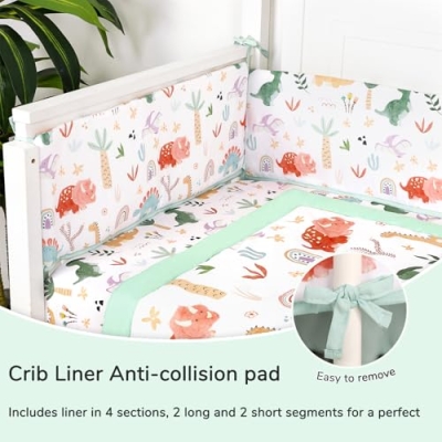 Dinosaur Crib Bedding Set for Boys Girls, 4 Piece Nursery Set, Reversible Comforter, 44x35in, 29x52x9in 9 Product: WINGHENLEE Crib Bedding Set for Boys Girls, Upgrade 4 Pieces Nursery Bedding Set for Newborn Infant, Includes Crib Liner Anti-Collision Padding, Comforter, Fitted Sheet, Bed Skirt, Dinosaur