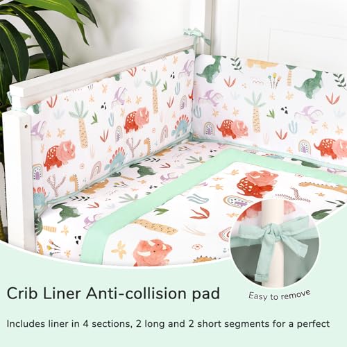 Dinosaur Crib Bedding Set for Boys Girls, 4 Piece Nursery Set, Reversible Comforter, 44x35in, 29x52x9in 2 Product: WINGHENLEE Crib Bedding Set for Boys Girls, Upgrade 4 Pieces Nursery Bedding Set for Newborn Infant, Includes Crib Liner Anti-Collision Padding, Comforter, Fitted Sheet, Bed Skirt, Dinosaur