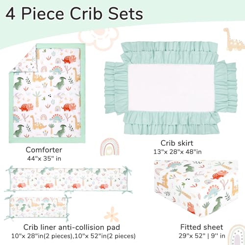 Dinosaur Crib Bedding Set for Boys Girls, 4 Piece Nursery Set, Reversible Comforter, 44x35in, 29x52x9in 1 Product: WINGHENLEE Crib Bedding Set for Boys Girls, Upgrade 4 Pieces Nursery Bedding Set for Newborn Infant, Includes Crib Liner Anti-Collision Padding, Comforter, Fitted Sheet, Bed Skirt, Dinosaur