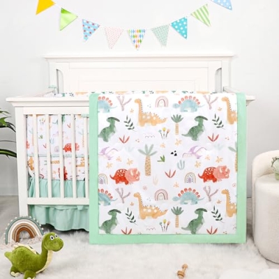 Product: WINGHENLEE Crib Bedding Set for Boys Girls, Upgrade 4 Pieces Nursery Bedding Set for Newborn Infant, Includes Crib Liner Anti-Collision Padding, Comforter, Fitted Sheet, Bed Skirt, Dinosaur