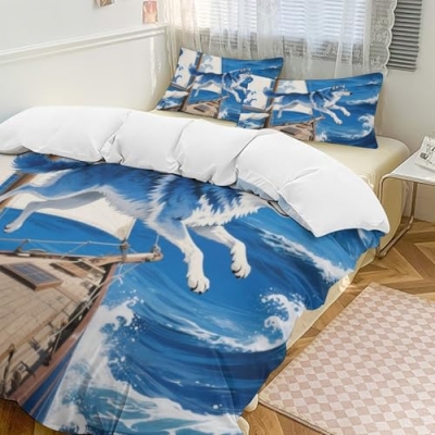 Product: Wolf Nursery Set - Crib 3PC Oeko-TEX Certified, Milky Way & Sleeping Wolf Cubs,King:104"x90"/264 * 229cm
