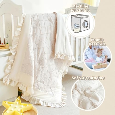Product: Wowelife 3 Pieces Crib Bedding Set for Girls, Mini Tufted Jacquard Ruffle Fringe Boho Baby Bedding Set Newborn, Infant & Nursery with Comforter, Crib Fitted Sheet and Crib Skirt, Beige