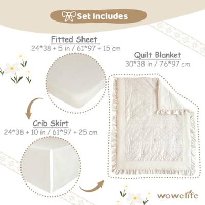 Product: Wowelife 3 Pieces Crib Bedding Set for Girls, Mini Tufted Jacquard Ruffle Fringe Boho Baby Bedding Set Newborn, Infant & Nursery with Comforter, Crib Fitted Sheet and Crib Skirt, Beige