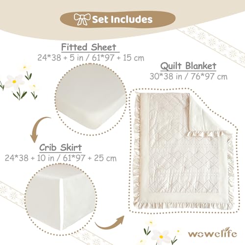 Product: Wowelife 3 Pieces Crib Bedding Set for Girls, Mini Tufted Jacquard Ruffle Fringe Boho Baby Bedding Set Newborn, Infant & Nursery with Comforter, Crib Fitted Sheet and Crib Skirt, Beige