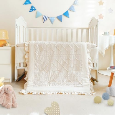 Product: Wowelife 3 Pieces Crib Bedding Set for Girls, Mini Tufted Jacquard Ruffle Fringe Boho Baby Bedding Set Newborn, Infant & Nursery with Comforter, Crib Fitted Sheet and Crib Skirt, Beige
