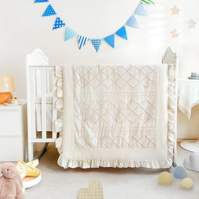 Product: Wowelife 3 Pieces Crib Bedding Set for Girls, Mini Tufted Jacquard Ruffle Fringe Boho Baby Bedding Set Newborn, Infant & Nursery with Comforter, Crib Fitted Sheet and Crib Skirt, Beige
