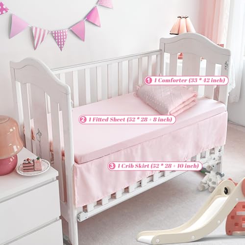 Baby Girl Boho Crib Bedding Set, Pink Quilt Crib Skirt Fitted Sheet, Ruffle Flower Nursery, 33x42in 52x28in 3 Product: Wowelife Baby Girl Crib Bedding Set, Boho 3-Piece Crib Comforter Set for Girls, Ruffle Baby Nursery Bedding Set Include Quilted Comforter, Crib Skirt and Sheet, Pink