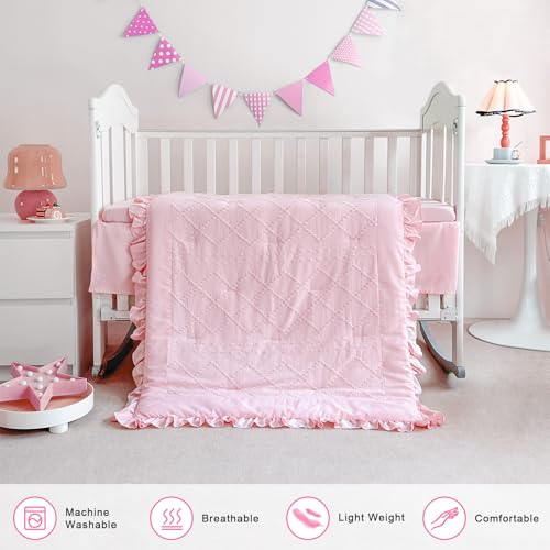 Baby Girl Boho Crib Bedding Set, Pink Quilt Crib Skirt Fitted Sheet, Ruffle Flower Nursery, 33x42in 52x28in 4 Product: Wowelife Baby Girl Crib Bedding Set, Boho 3-Piece Crib Comforter Set for Girls, Ruffle Baby Nursery Bedding Set Include Quilted Comforter, Crib Skirt and Sheet, Pink