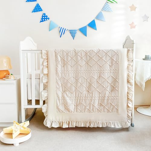 Beige Ruffle Crib Bedding Set, 3 Piece Nursery Quilt Fitted Sheet Crib Skirt, Soft Neutral Boho, Standard Crib 33in x 42in 1 Product: Wowelife Crib Bedding Set for Girls, 3PCs Boho Crib Comforter Set Beige, Ruffle Baby Bedding Set Nursery Bedding Sets for Baby Girls and Boys, Include Quilted Comforter, Crib Skirt and Sheet, Beige