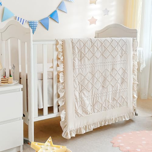 Beige Ruffle Crib Bedding Set, 3 Piece Nursery Quilt Fitted Sheet Crib Skirt, Soft Neutral Boho, Standard Crib 33in x 42in 6 Product: Wowelife Crib Bedding Set for Girls, 3PCs Boho Crib Comforter Set Beige, Ruffle Baby Bedding Set Nursery Bedding Sets for Baby Girls and Boys, Include Quilted Comforter, Crib Skirt and Sheet, Beige