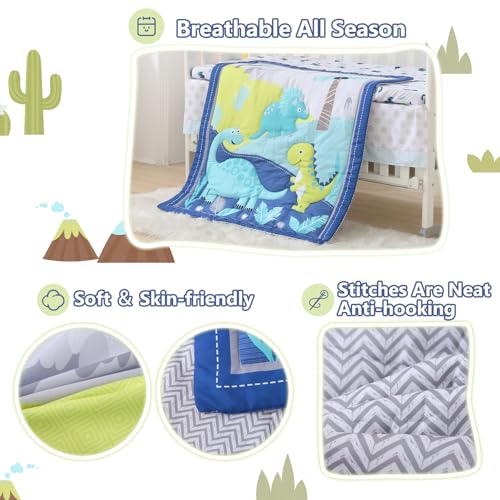 Blue Dinosaur Mini Crib Bedding Set, 3 Piece Baby Boy Quilt Fitted Sheet Flat Sheet, 24 x 38 in 7 Product: Wowelife Dinosaur Mini Crib Bedding Set for Boys Blue Premium 3-Piece Baby Bedding Sheet Set Dinosaurs Nursery Crib Set Crib Comforter Set Breathable and Soft for Baby