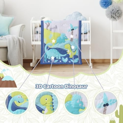 Blue Dinosaur Mini Crib Bedding Set, 3 Piece Baby Boy Quilt Fitted Sheet Flat Sheet, 24 x 38 in 17 Product: Wowelife Dinosaur Mini Crib Bedding Set for Boys Blue Premium 3-Piece Baby Bedding Sheet Set Dinosaurs Nursery Crib Set Crib Comforter Set Breathable and Soft for Baby